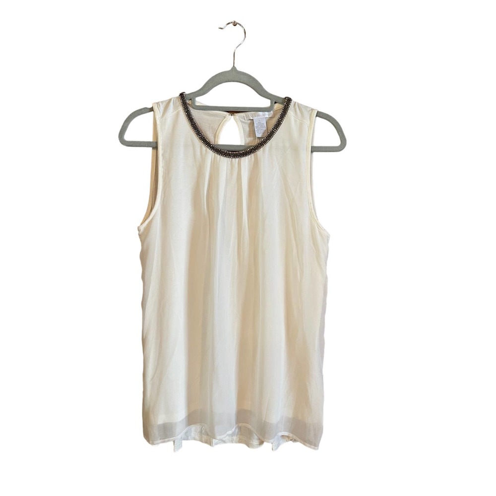 Design History Women's White/Pearl Flowy Sleeveless Top w/ Rhinestone Neck Sz L